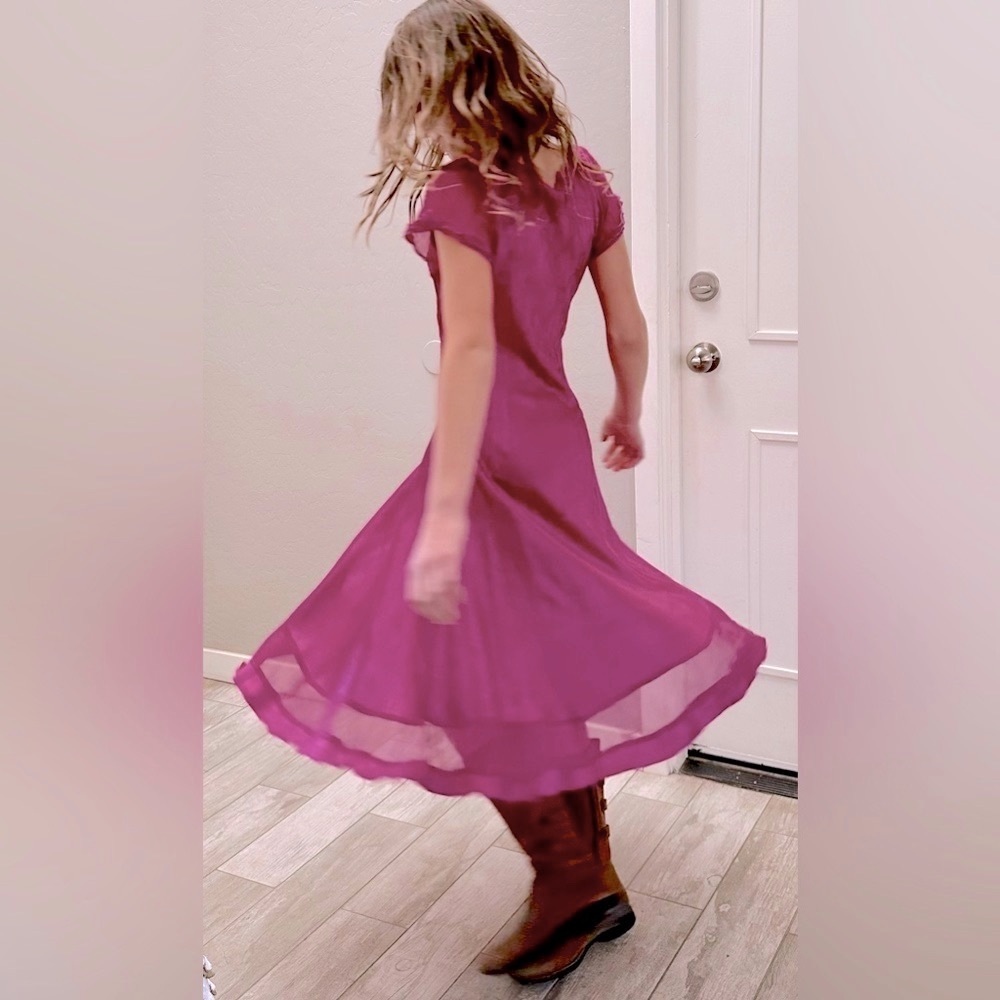 Komarov Sheer Flutter Sleeves A-line Dress w V Neckline and Illusion in Fuchsia